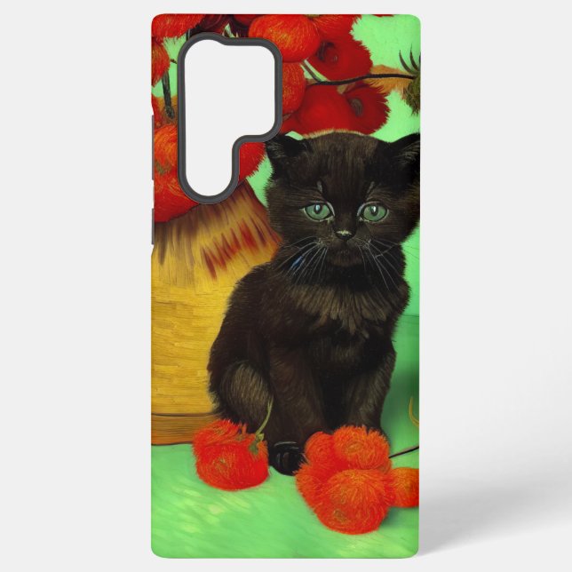 Van Gogh Black Kitten Red Flowers Samsung Galaxy S22 Ultra Case (Back)