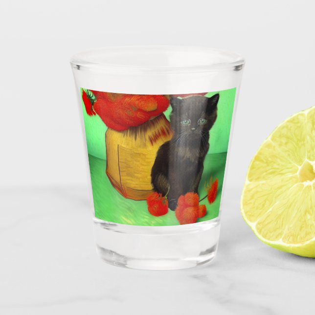 Van Gogh Black Kitten Red Flowers Shot Glass (Front)