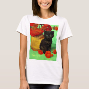 Van Gogh Black Kitten Red Flowers T-Shirt