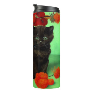Van Gogh Black Kitten Red Flowers Thermal Tumbler