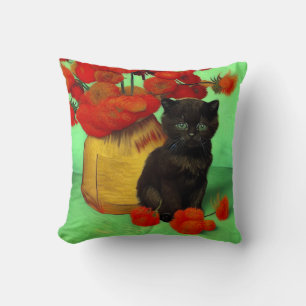 Van Gogh Black Kitten Red Flowers Throw Pillow