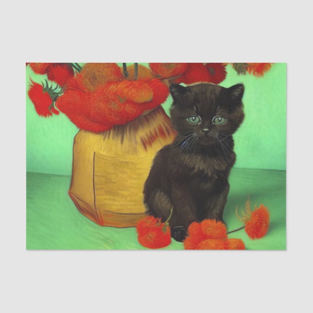 Van Gogh Black Kitten Red Flowers Tissue Paper (Front)