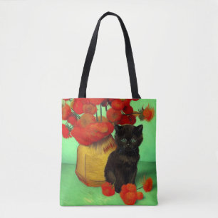 Van Gogh Black Kitten Red Flowers Tote Bag