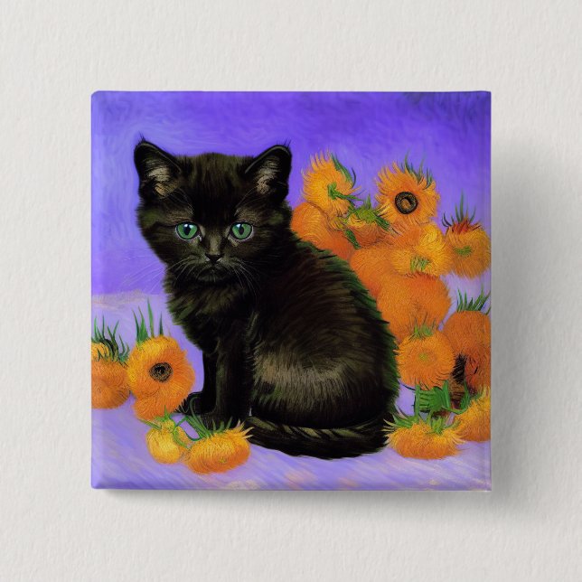 Van Gogh Black Kitten with Sunflowers 2 Inch Square Button (Front)