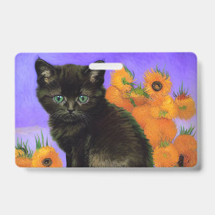 Van Gogh Black Kitten with Sunflowers Badge