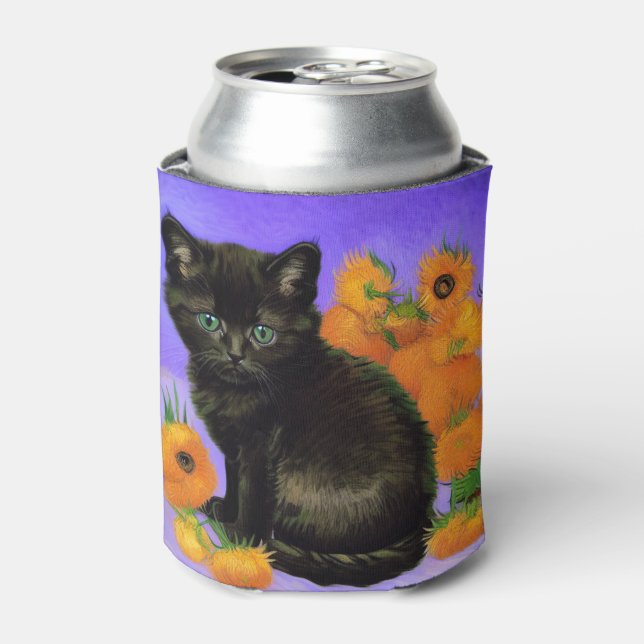 Van Gogh Black Kitten with Sunflowers Can Cooler (Can Front)