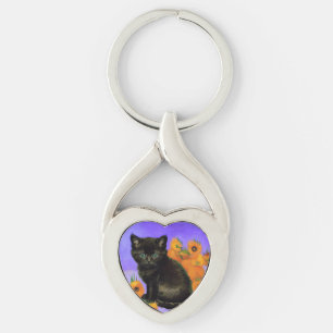 Van Gogh Black Kitten with Sunflowers Keychain