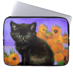 Van Gogh Black Kitten with Sunflowers Laptop Sleeve