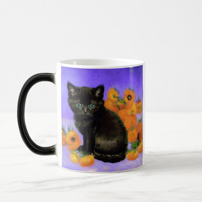 Van Gogh Black Kitten with Sunflowers Magic Mug (Left)
