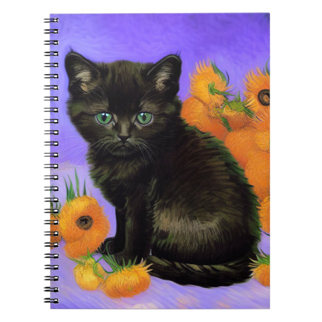 Van Gogh Black Kitten with Sunflowers Notebook (Front)