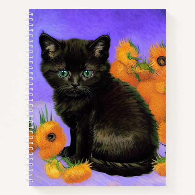 Van Gogh Black Kitten with Sunflowers Notebook (Front)