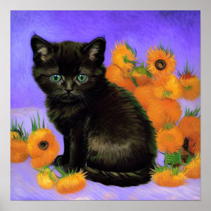 Van Gogh Black Kitten with Sunflowers Poster
