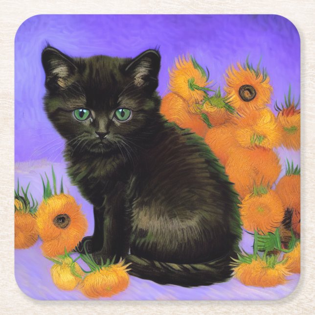 Van Gogh Black Kitten with Sunflowers Square Paper Coaster (Front)