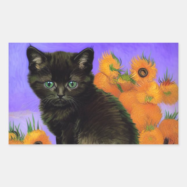 Van Gogh Black Kitten with Sunflowers Sticker (Front)