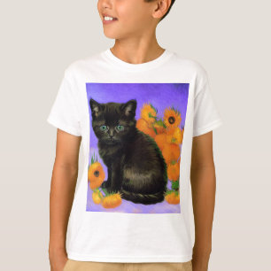 Van Gogh Black Kitten with Sunflowers T-Shirt