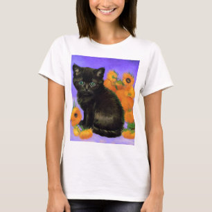 Van Gogh Black Kitten with Sunflowers T-Shirt
