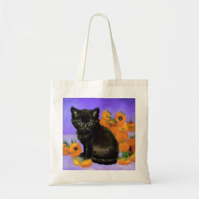 Van Gogh Black Kitten with Sunflowers Tote Bag (Front)