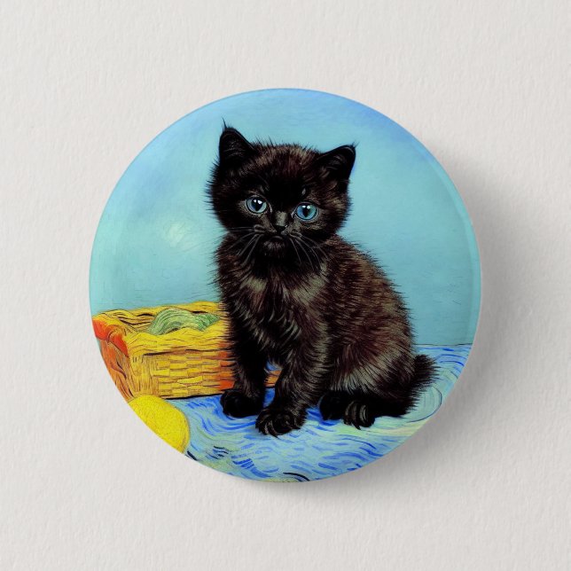 Van Gogh Black Kitten with Yarn 2 Inch Round Button (Front)