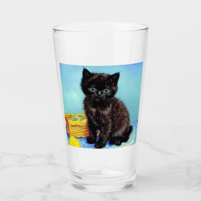 Van Gogh Black Kitten with Yarn Glass (Front)