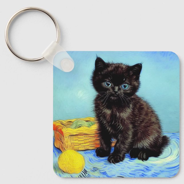 Van Gogh Black Kitten with Yarn Keychain (Front)