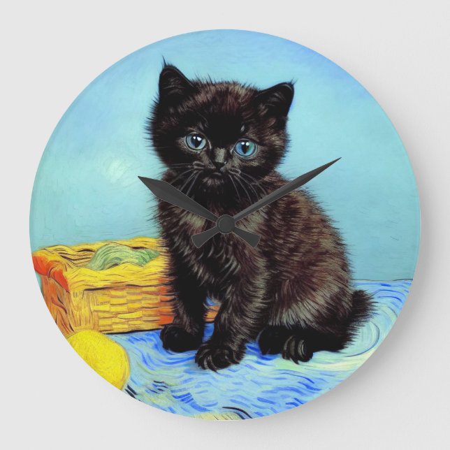Van Gogh Black Kitten with Yarn Large Clock (Front)