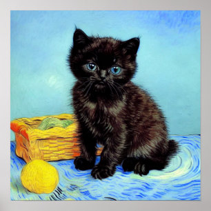 Van Gogh Black Kitten with Yarn Poster