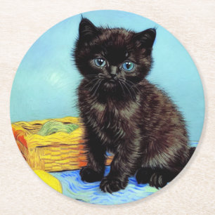 Van Gogh Black Kitten with Yarn Round Paper Coaster
