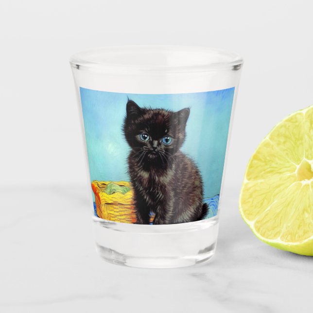 Van Gogh Black Kitten with Yarn Shot Glass (Front)