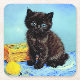 Van Gogh Black Kitten with Yarn Square Paper Coaster