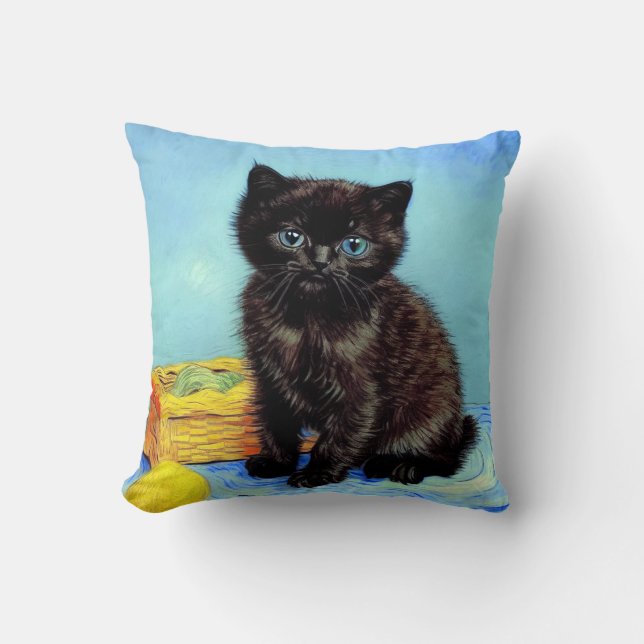 Van Gogh Black Kitten with Yarn Throw Pillow (Front)