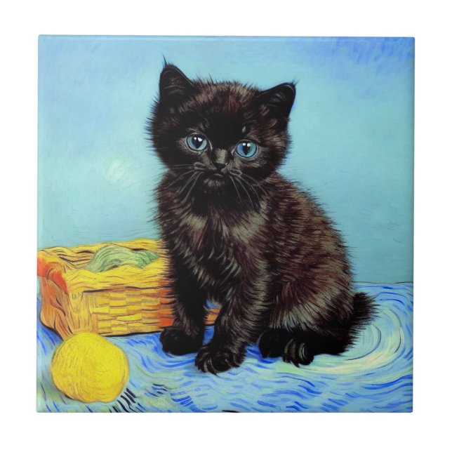 Van Gogh Black Kitten with Yarn Tile (Front)