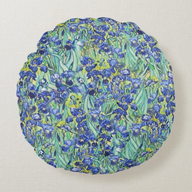Van Gogh Blue Irises Floral Pattern Round Pillow (Front)