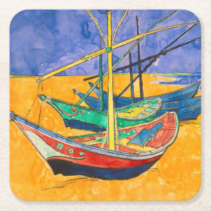 Van Gogh Boats Impressionism Beach Square Paper Coaster