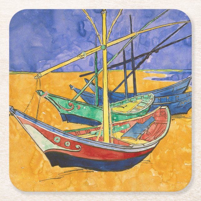 Van Gogh Boats Impressionism Beach Square Paper Coaster (Front)
