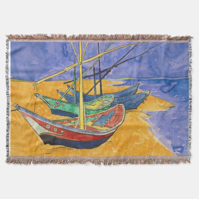 Van Gogh Boats Impressionism Beach Throw Blanket (Front)