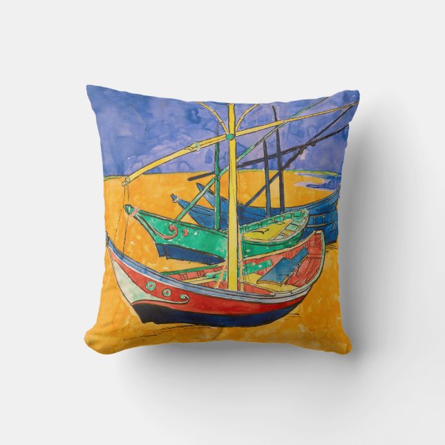 Van Gogh Boats Impressionism Beach Throw Pillow (Front)
