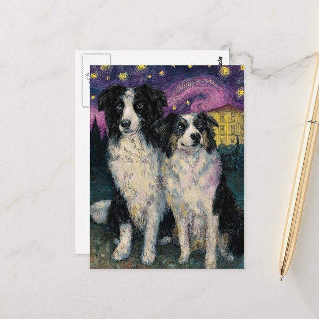 Van Gogh Border Collies at Night Postcard (Front/Back In Situ)