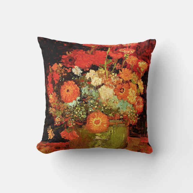 Van Gogh - Bowl with Zinnias, famous painting Throw Pillow (Front)