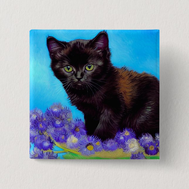 Van Gogh Cat and Flowers 2 Inch Square Button (Front)