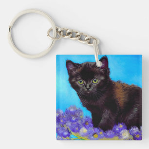 Van Gogh Cat and Flowers Keychain