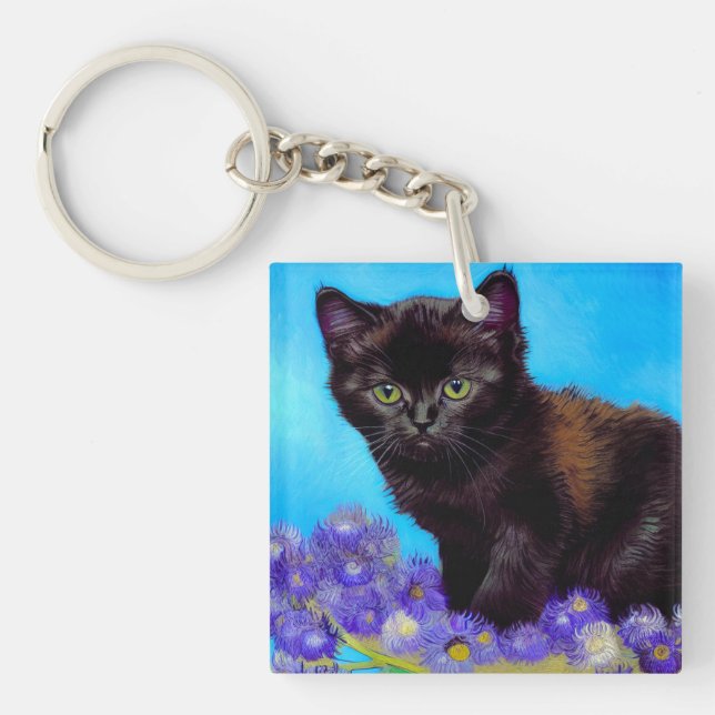 Van Gogh Cat and Flowers Keychain (Front)
