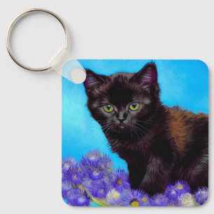 Van Gogh Cat and Flowers Keychain
