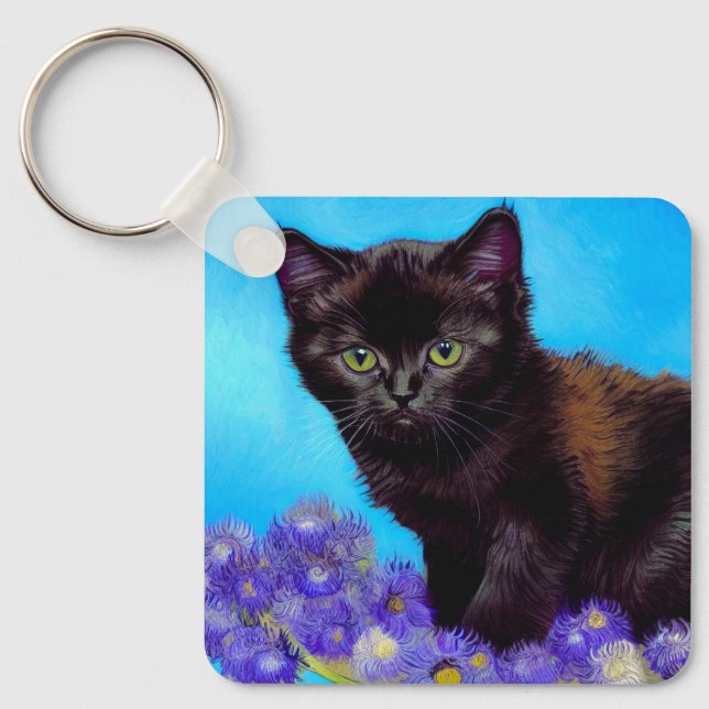 Van Gogh Cat and Flowers Keychain (Front)