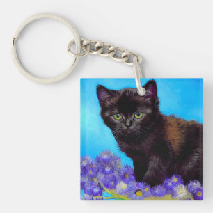 Van Gogh Cat and Flowers Keychain