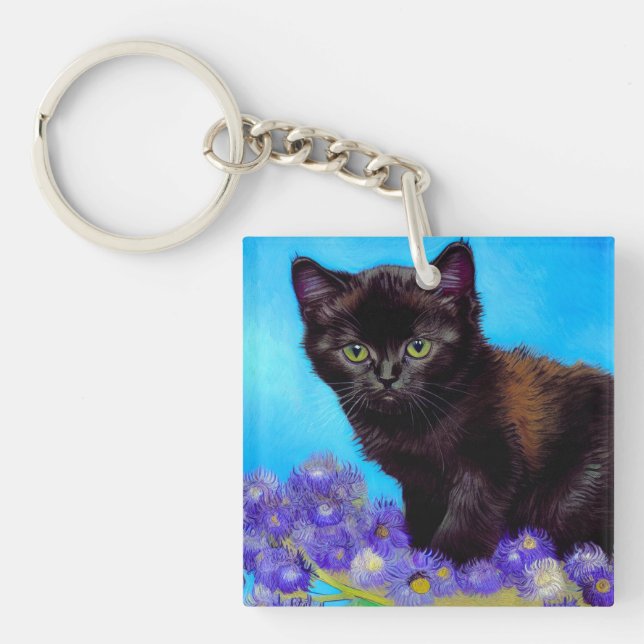 Van Gogh Cat and Flowers Keychain (Front)