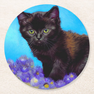 Van Gogh Cat and Flowers Round Paper Coaster