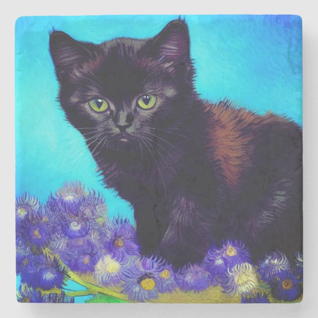 Van Gogh Cat and Flowers Stone Coaster (Front)