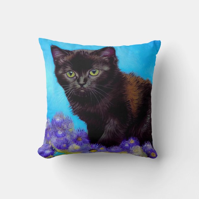 Van Gogh Cat and Flowers Throw Pillow (Front)