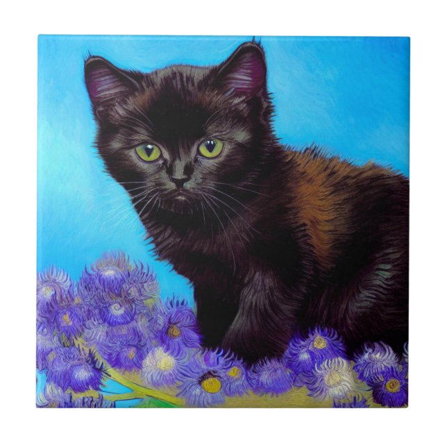 Van Gogh Cat and Flowers Tile (Front)