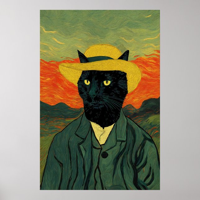 Van Gogh Cat Art Print Funny Black Cat Portrait (Front)